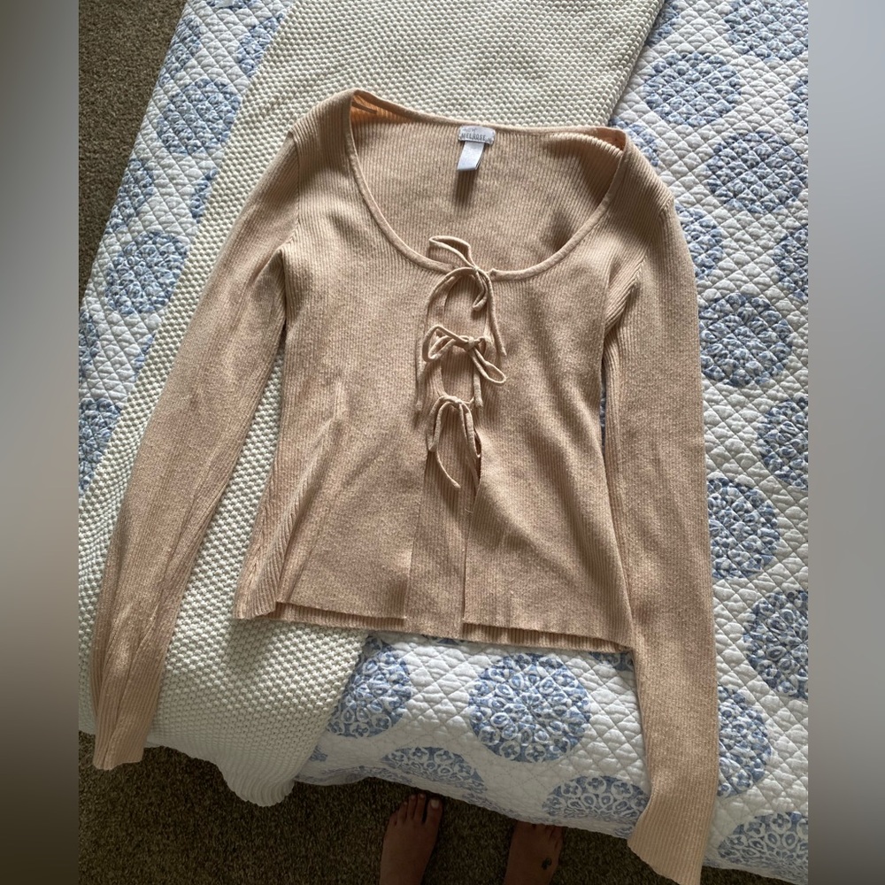 Beige Ribbed Tie-Front Top